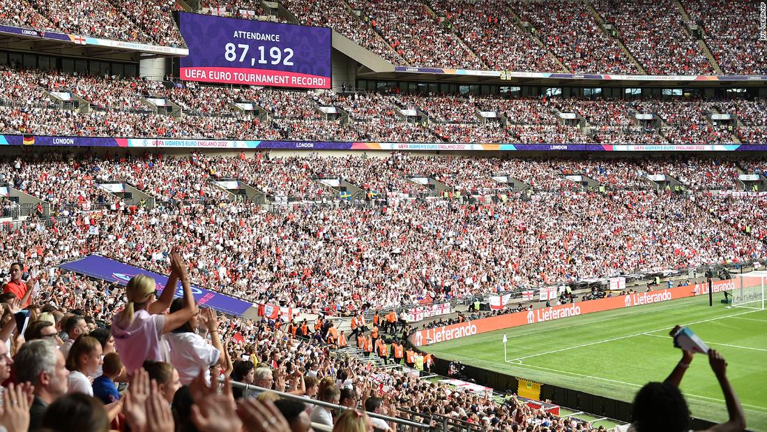 A screen shows the attendance during the Women&#039;s Euro 2022 final soccer match between England and Germany at Wembley stadium in London, Sunday, July 31, 2022. (AP Photo/Rui Vieira)