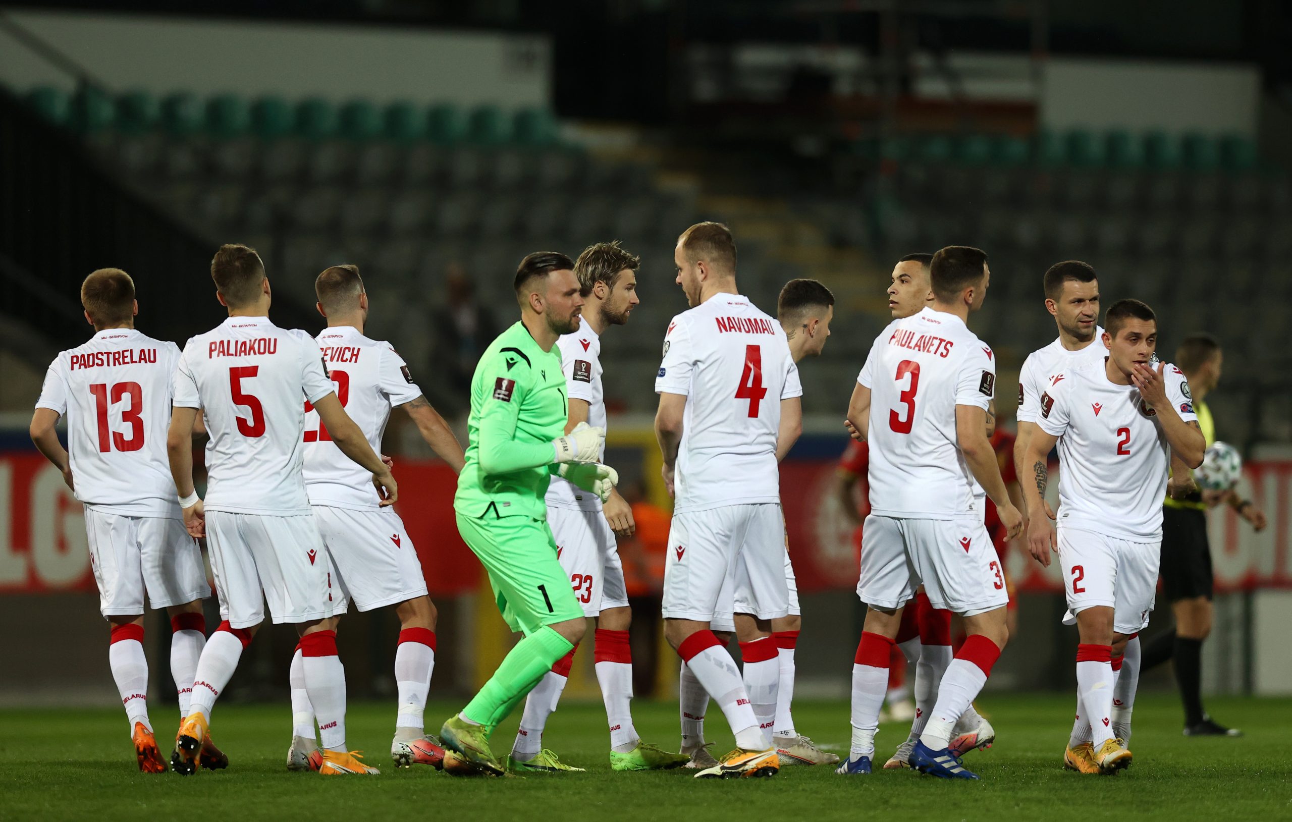 LEUVEN, BELGIUM - MARCH 30: The Belarus team gather prior to  the FIFA World Cup 2022 Qatar qualifying match between Belgium and Belarus at The King Power Stadium, Den Dreef on March 30, 2021 in Leuven, Belgium. Sporting stadiums around Belgium remain under strict restrictions due to the Coronavirus Pandemic as Government social distancing laws prohibit fans inside venues resulting in games being played behind closed doors. (Photo by Dean Mouhtaropoulos/Getty Images)