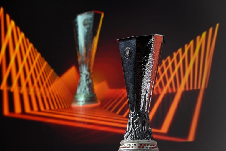 The trophy is displayed ahead of the draw for the 2022 UEFA Europa League quarter-finals, semi-finals and final at the UEFA headquarters, in Nyon, on March 18, 2022. (Photo by Fabrice COFFRINI / AFP) (Photo by FABRICE COFFRINI/AFP via Getty Images)