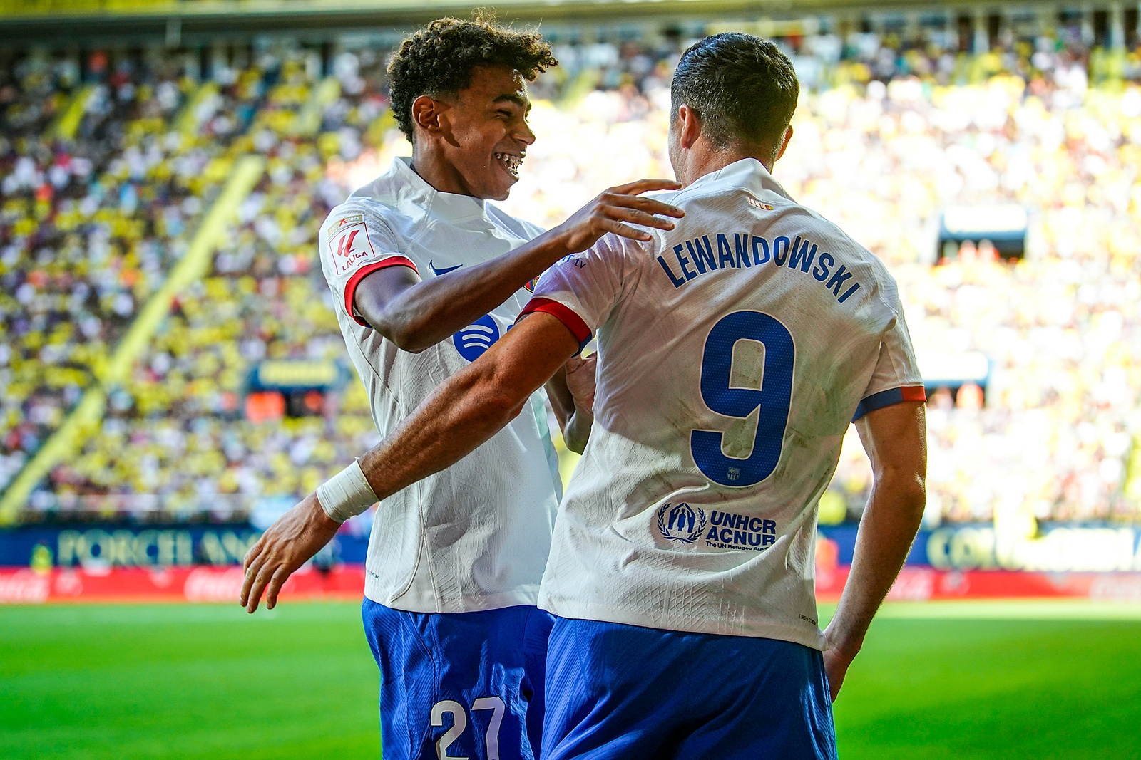 Robert Lewandowski of FC Barcelona celebrates his goal with Lamine Yamal during the La Liga match between Villarreal CF and FC Barcelona played at La Ceramica Stadium on August 27 in Villarreal, Spain. (Photo by Sergio Ruiz / pressinphoto / Sipa USA)PHOTO)
2023.08.27 Villarreal
pilka nozna liga hiszpanska
Villarreal CF - FC Barcelona
Foto pressinphoto/SIPA USA/PressFocus

!!! POLAND ONLY !!!