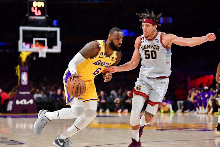 May 22, 2023; Los Angeles, California, USA; Los Angeles Lakers forward LeBron James (6) drives to the basket against Denver Nuggets forward Aaron Gordon (50) during the third quarter in game four of the Western Conference Finals for the 2023 NBA playoffs at Crypto.com Arena. Mandatory Credit: Gary A. Vasquez-USA TODAY Sports/Sipa USA
2023.05.22 Los Angeles
koszykowka mezczyzn amerykanska liga koszykowki NBA 
Los Angeles Lakers - Denver Nuggets
Foto Gary A. Vasquez-USA TODAY Sports/SIPA USA/PressFocus

!!! POLAND ONLY !!!