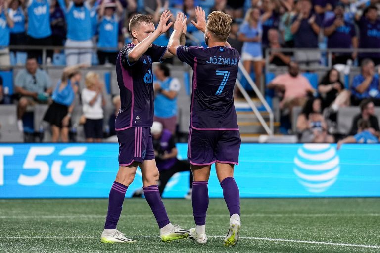 Jul 29, 2023; Charlotte, NC, USA; Charlotte FC forward Karol Swiderski (11) celebrates with midfielder Kamil Jozwiak (7) after scoring a goal against Necaxa during the first half at Bank of America Stadium. Mandatory Credit: Jim Dedmon-USA TODAY Sports/Sipa USA
2023.07.29 Charlotte
pilka nozna Leagues Cup
MLS: Leagues Cup - Necaxa at Charlotte FC
Foto Jim Dedmon-USA TODAY Sports/SIPA USA/PressFocus

!!! POLAND ONLY !!!