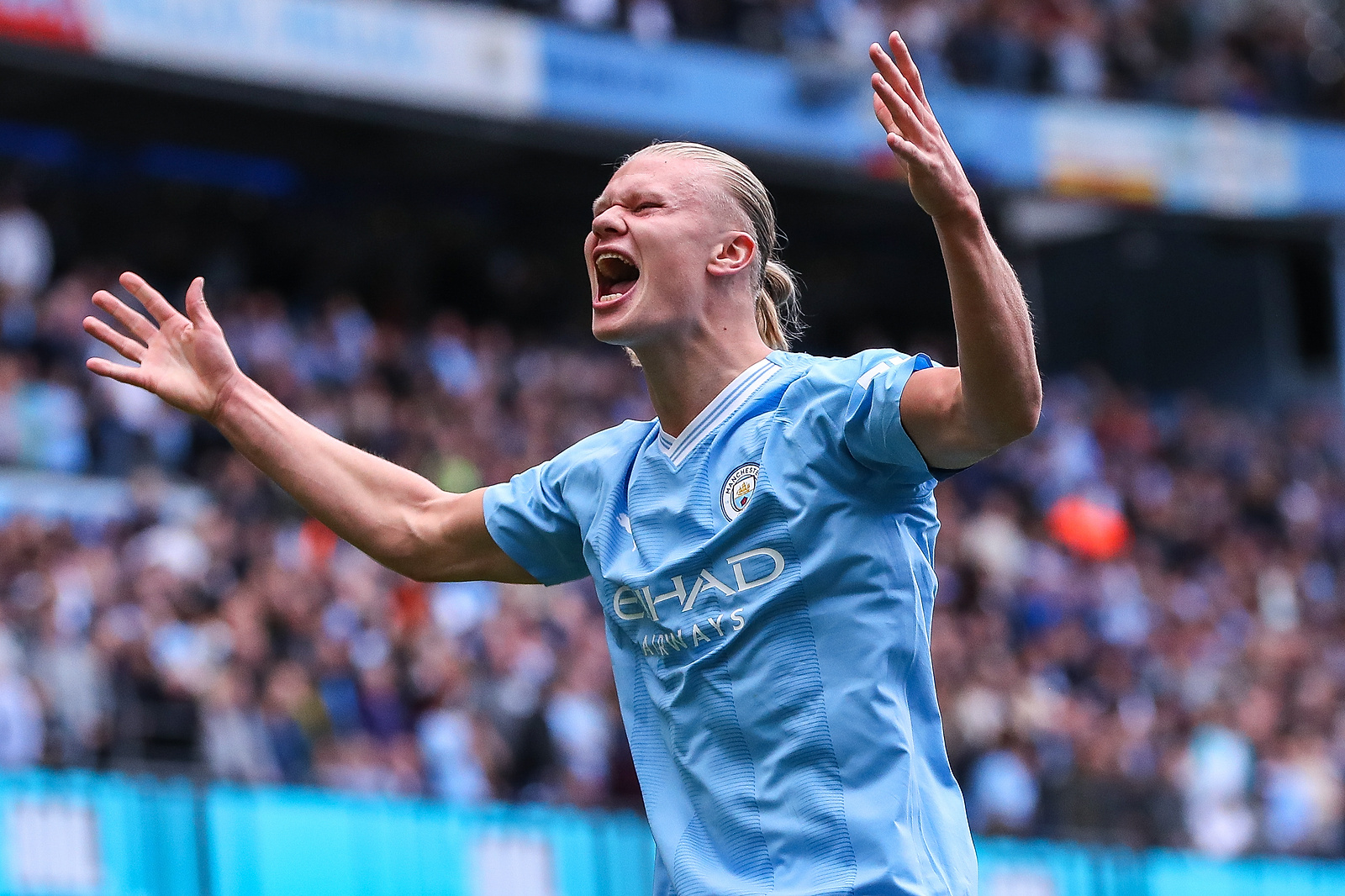 Erling Haaland of Manchester City celebrates his goal during the Premier League match Manchester City vs Nottingham Forest at Etihad Stadium, Manchester, United Kingdom, 23rd September 2023

(Photo by Ryan Crockett/News Images) in Manchester, United Kingdom on 9/23/2023. (Photo by Ryan Crockett/News Images/Sipa USA)
2023.09.23 Manchester
pilka nozna liga angielska
Manchester City - Nottingham Forest
Foto Ryan Crockett/News Images/SIPA USA/PressFocus

!!! POLAND ONLY !!!