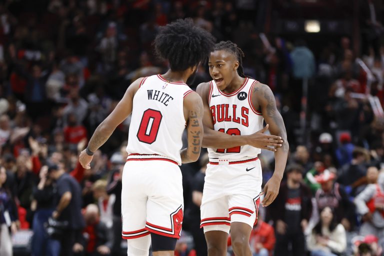 Dec 2, 2023; Chicago, Illinois, USA; Chicago Bulls guard Coby White (0) celebrates with guard Ayo Dosunmu (12) after defeating the New Orleans Pelicans at United Center. Mandatory Credit: Kamil Krzaczynski-USA TODAY Sports/Sipa USA
2023.12.02 Chicago
koszykowka mezczyzn amerykanska liga koszykowki NBA 
NBA: New Orleans Pelicans at Chicago Bulls
Foto Kamil Krzaczynski-USA TODAY Sports/SIPA USA/PressFocus

!!! POLAND ONLY !!!