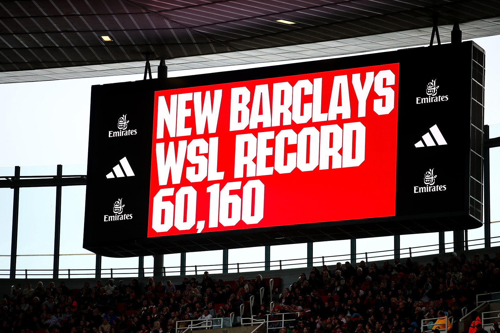 A new attendance record of 60,160 is shown on the big screens during the sold-out Barclays FA Womens Super League game between Arsenal and Manchester United at Emirates Stadium in London, England.  (Liam Asman/SPP) (Photo by Liam Asman/SPP/Sipa USA)
2024.02.17 
pilka nozna kobiet liga angielska
Arsenal - Manchester United
Foto SPP/SIPA USA/PressFocus

!!! POLAND ONLY !!!