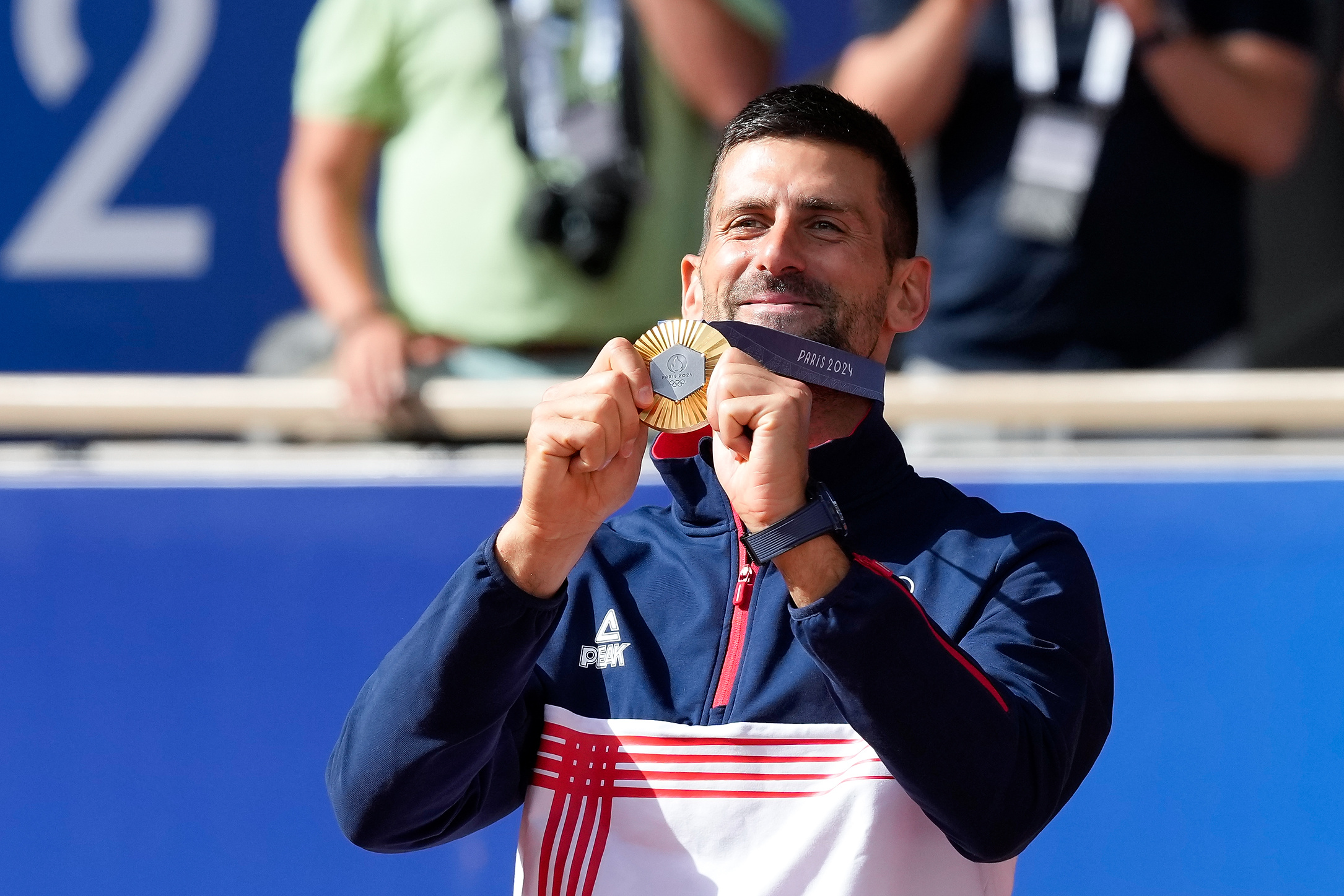 PARIS, FRANCE - AUGUST 4: Novak Djokovic of Serbia during the national anthem with his gold medal after his victory during the Tennis Men&#039;s Single Final Gold match between Novak Djokovic and Carlos Alcaraz on day nine of the Olympic Games Paris 2024 at Roland Garros on August 4, 2024 in Paris, France.  (Photo by Daniela Porcelli/Just Pictures/Sipa USA)
2024.08.04 Paryz
Sport 
Igrzyska Olimpijskie Paryz 2024
Foto Daniela Porcelli/Just Pictures/SIPA USA/PressFocus

!!! POLAND ONLY !!!