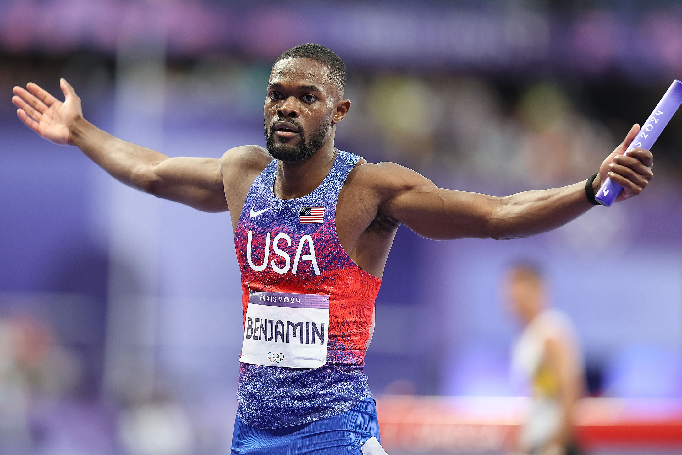 (240810) -- PARIS, Aug. 10, 2024 (Xinhua) -- Rai Benjamin of team USA reacts after the men&#039;s 4X400m relay final of Athletics at the Paris 2024 Olympic Games in Paris, France, Aug. 10, 2024. (Xinhua/Li Ying)

10.08.2024 Paris
Sport 
Igrzyska Olimpijskie Paryz 2024
FOTO Li Ying / Xinhua / PressFocus

POLAND ONLY!!