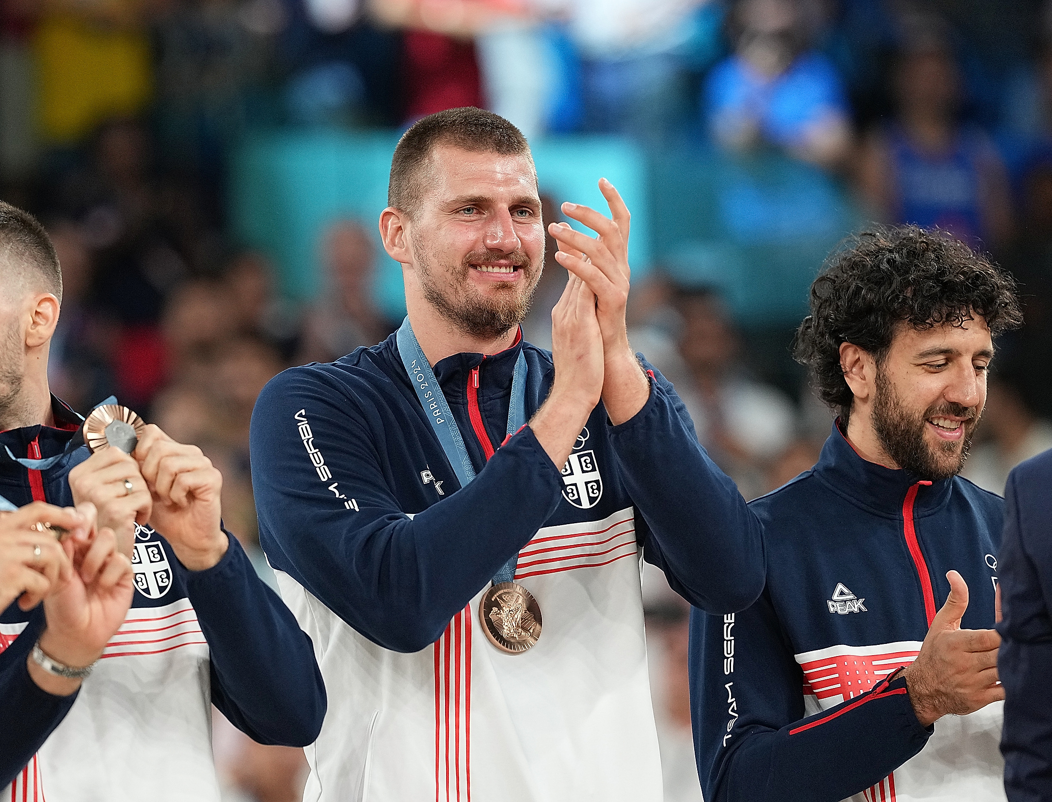 (240810) -- PARIS, Aug. 10, 2024 (Xinhua) -- Nikola Jokic of bronze medalists team Serbia attends the victory ceremony for the men&#039;s basketball at the Paris 2024 Olympic Games in Paris, France, Aug. 10, 2024. (Xinhua/Meng Yongmin)

10.08.2024 Paris
Sport 
Igrzyska Olimpijskie Paryz 2024
FOTO Meng Yongmin / Xinhua / PressFocus

POLAND ONLY!!