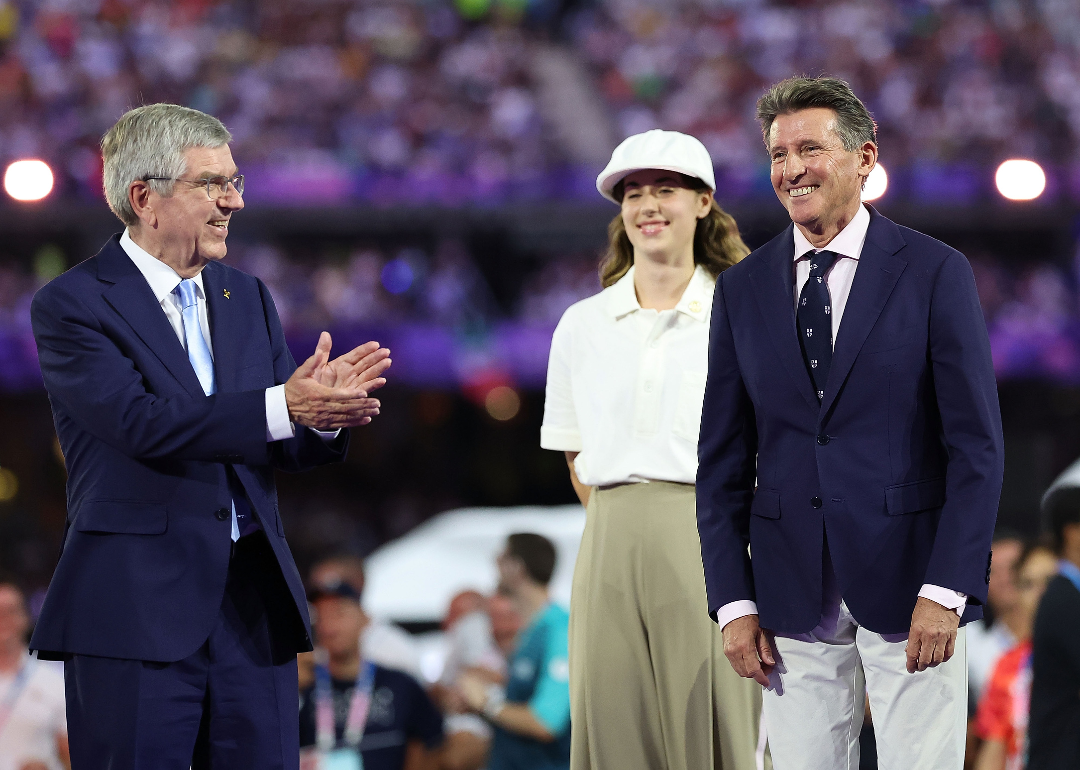 (240811) -- PARIS, Aug. 11, 2024 (Xinhua) -- International Olympic Committee (IOC) President Thomas Bach (L) and World Athletics President Sebastian Coe (R) attend the victory ceremony of women&#039;s marathon of Athletics at the closing ceremony of the Paris 2024 Olympic Games in Paris, France, Aug. 11, 2024. (Xinhua/Li Ming)

2024.08.11 Paryz
Sport , Igrzyska Olimpijskie Paryz 2024
Ceremonia zamkniecia Igrzysk Olimpijskich
Foto Li Ming/Xinhua/PressFocus

!!! POLAND ONLY !!!