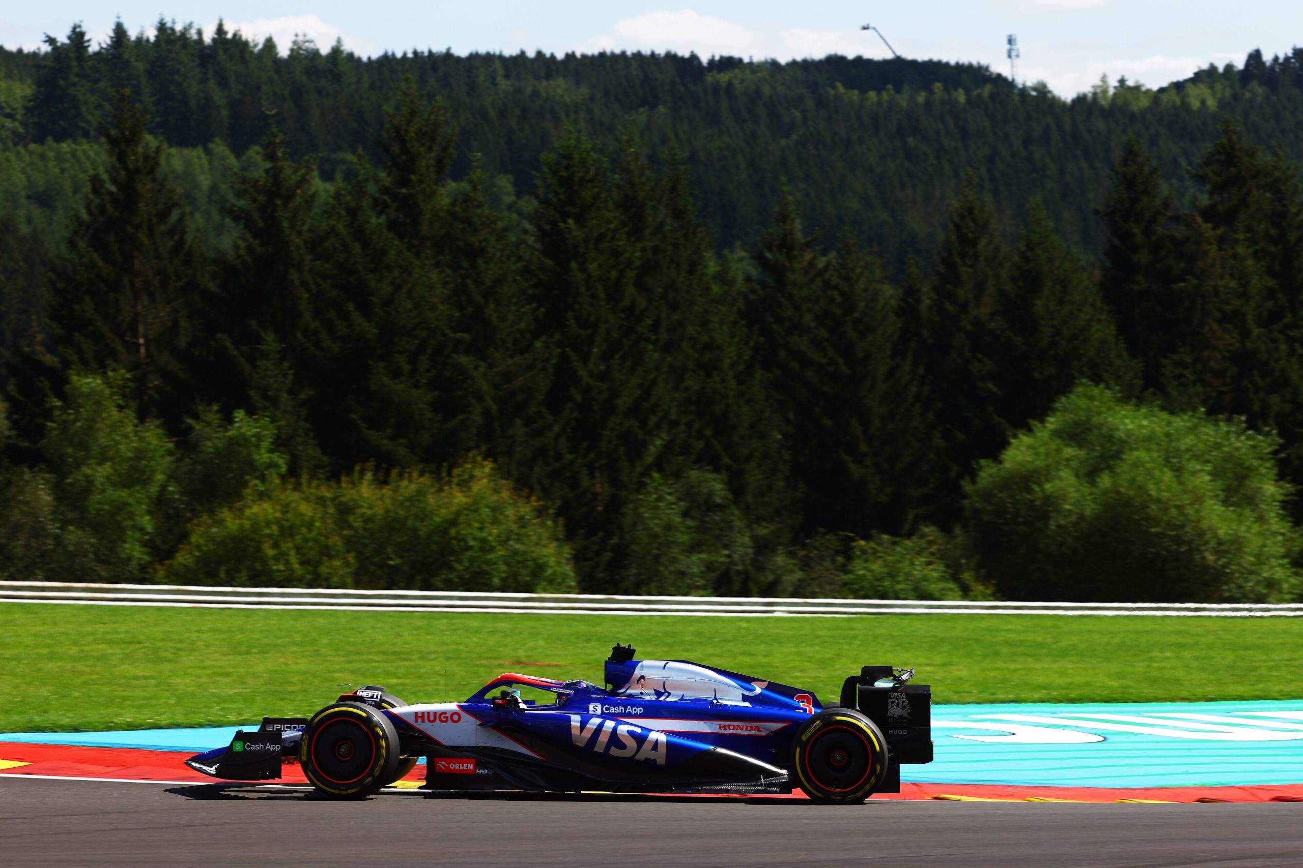 SPA, BELGIUM - JULY 28: Daniel Ricciardo of Australia driving the (3) Visa Cash App RB VCARB 01 on track during the F1 Grand Prix of Belgium at Circuit de Spa-Francorchamps on July 28, 2024 in Spa, Belgium. (Photo by Mark Thompson/Getty Images) // Getty Images / Red Bull Content Pool // SI202407280397 // Usage for editorial use only //