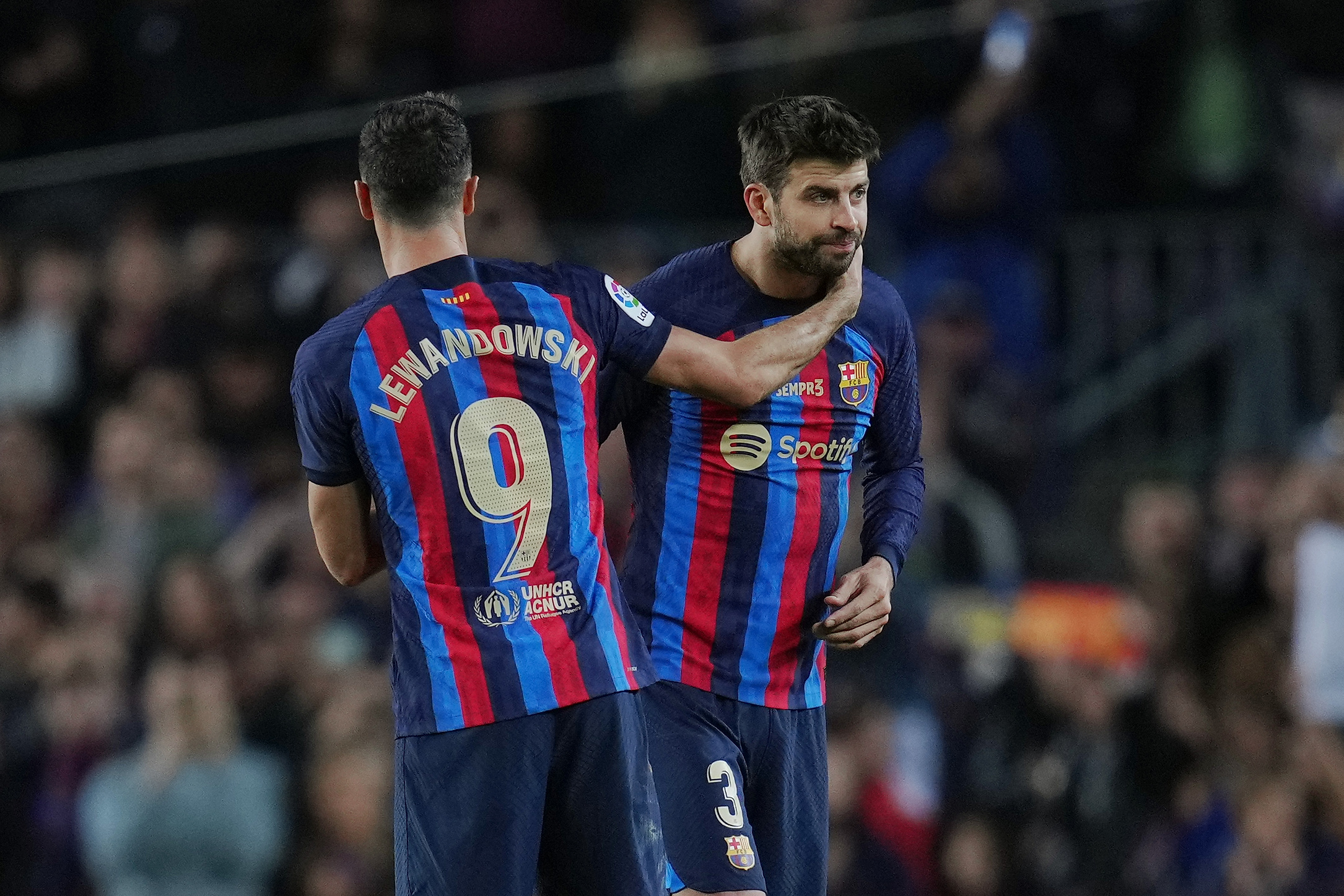 Robert Lewandowski and Gerard Pique of FC Barcelona  during the La Liga match between FC Barcelona and UD Almeria played at Spotify Camp Nou Stadium on November 05, 2022 in Barcelona, Spain. (Photo by Bagu Blanco / pressinphoto / Sipa USA))
2022.11.05 Barcelona
pilka nozna liga hiszpanska
FC Barcelona - UD Almeria 
Foto pressinphoto/SIPA USA/PressFocus

!!! POLAND ONLY !!!