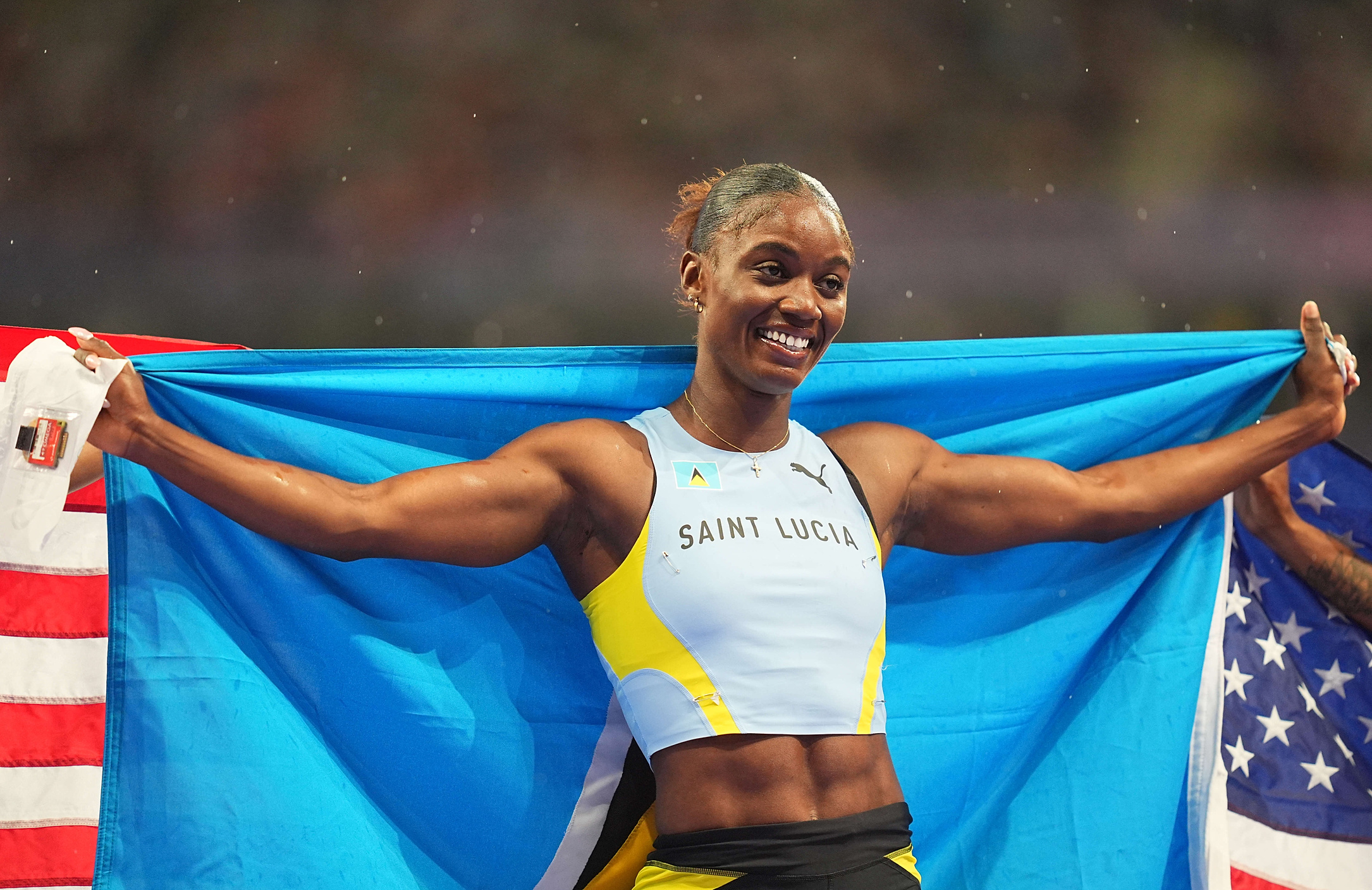 August 03 2024: Julien Alfred (Saint Lucia) winning gold at Women&#039;s 100m Final on Day 8 of the Olympic Games  at Stade de France, Paris, France. Ulrik Pedersen/CSM/Sipa USA. (Credit Image: © Ulrik Pedersen/Cal Sport Media/Sipa USA)
2024.08.03 Paryz
Sport 
Igrzyska Olimpijskie Paryz 2024
Foto Ulrik Pedersen/Cal Sport Media/SIPA USA/PressFocus

!!! POLAND ONLY !!!