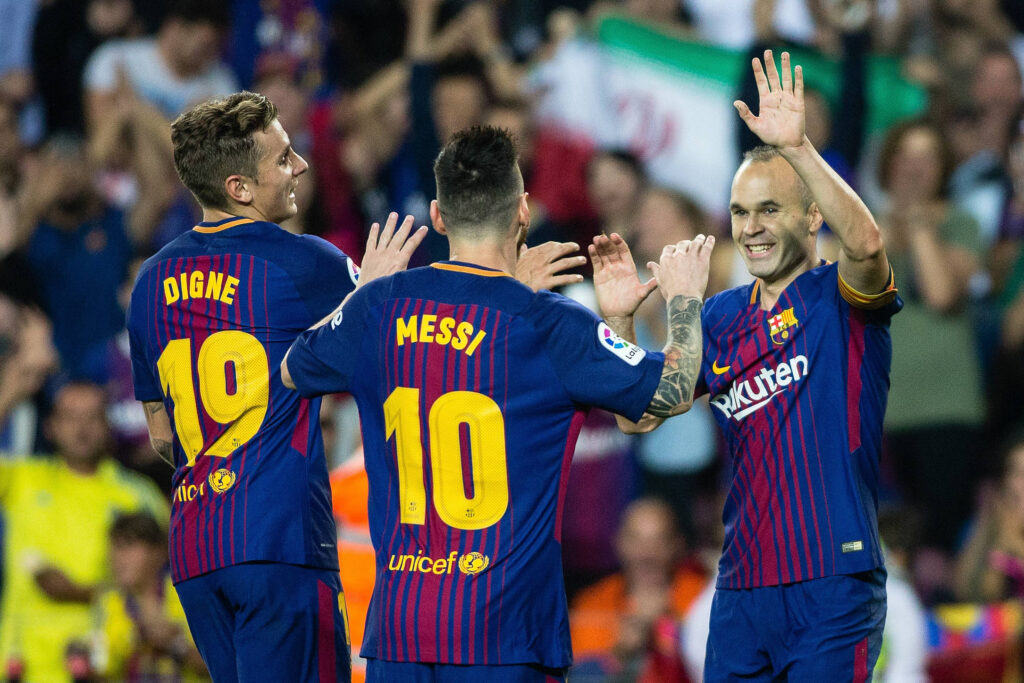 Andres Iniesta from Spain of FC Barcelona celebrating his goal with Leo Messi from Argentina of FC Barcelona during the La Liga match between FC Barcelona v Malaga at Montilivi Stadium on October 21, 2017 in Barcelona, Spain.
Cordon Press
21.10.2017 Barcelona
Pilka nozna, liga hiszpanska
FC Barcelona - Malaga CF
Andres Garcia / AFP7 / Cordon Press / PressFocus 
POLAND ONLY!!