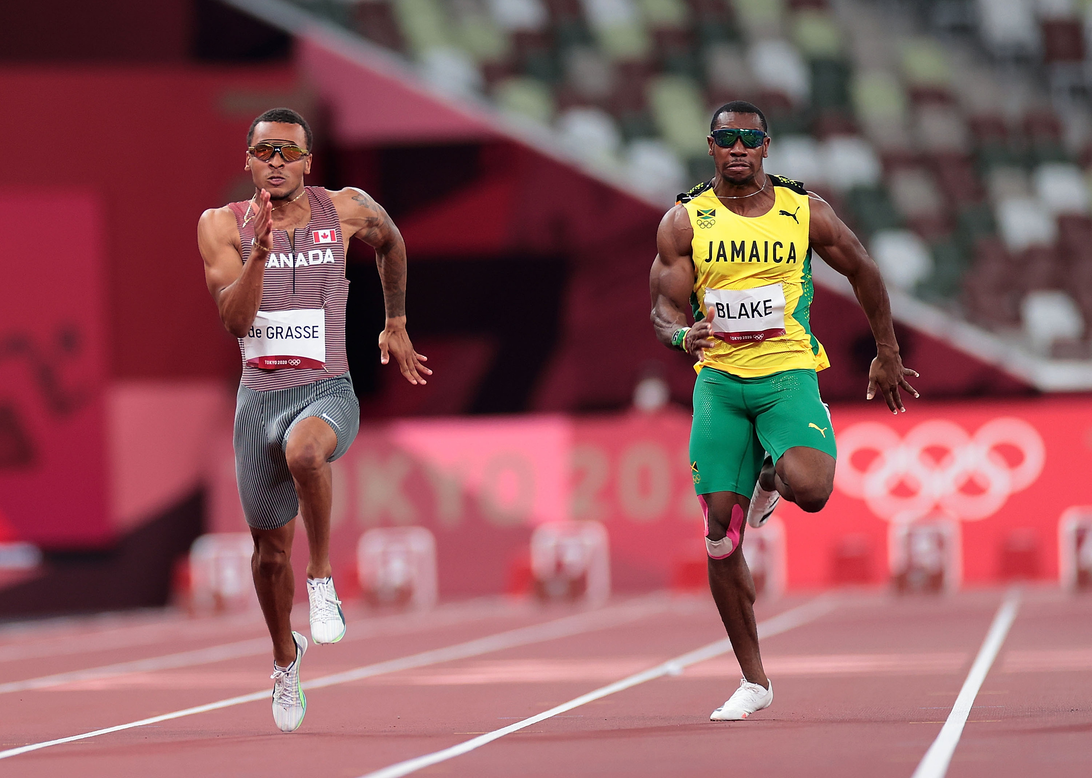 (210801) -- TOKYO, Aug. 1, 2021 (Xinhua) -- Andre de Grasse of Canada (L) and Yohan Blake of Jamaica compete during the men&#039;s 100m semifinal at Tokyo 2020 Olympic Games, in Tokyo, Japan, Aug. 1, 2021. (Xinhua/Li Gang)
2021.08.01 Tokio
Igrzyska Olimpijskie 
Lekkoatletyka
Foto Li Gang/Xinhua/PressFocus

!!! POLAND ONLY !!!