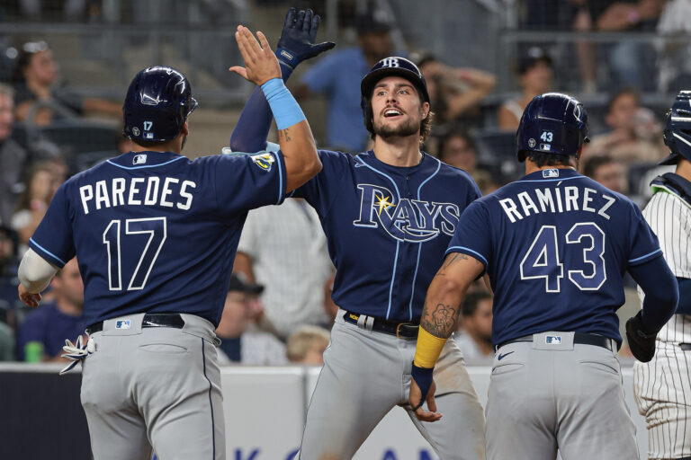 May 12, 2023; Bronx, New York, USA; Tampa Bay Rays right fielder Josh Lowe (15) celebrates his three run home run with third baseman Isaac Paredes (17) and designated hitter Harold Ramirez (43) during the eighth inning against the New York Yankees - Yankee Stadium. Mandatory Credit: Vincent Carchietta-USA TODAY Sports/Sipa USA 

2023.05.12 Bronx
Baseball Liga MLB
MLB: Tampa Bay Rays - New York Yankees
Foto Vincent Carchietta-USA TODAY Sports/SIPA USA/PressFocus

!!! POLAND ONLY !!!