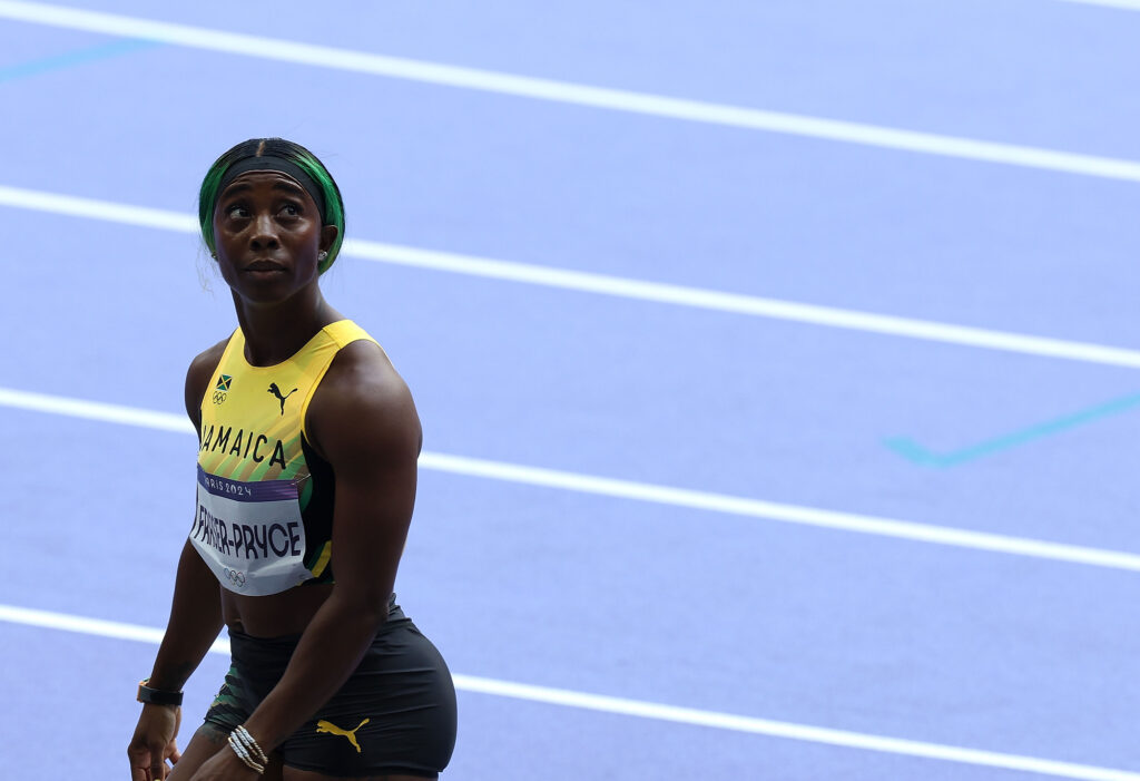 (240802) -- PARIS, Aug. 2, 2024 (Xinhua) -- Shelly-Ann Fraser-Pryce of Jamaica reacts after the women&#039;s 100m round 1 of Athletics at the Paris 2024 Olympic Games in Paris, France, Aug. 2, 2024. (Xinhua/Li Jing)

02.08.2024 Paris
Sport
Igrzyska Olimpijskie Paryz 2024
FOTO Li Jing / Xinhua / PressFocus

POLAND ONLY!!