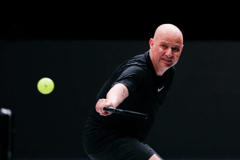 Apr 2, 2023; Hollywood, FL, USA; Andre Agassi returns a shot against John McEnroe (not pictured) during a singles match at the Pickleball Slam at Hard Rock Live at Seminole Hard Rock Hotel &amp; Casino. Mandatory Credit: Sam Navarro-USA TODAY Sports/Sipa USA
2023.04.02 Hollywood
tenis

Foto Sam Navarro/SIPA USA/PressFocus

!!! POLAND ONLY !!!