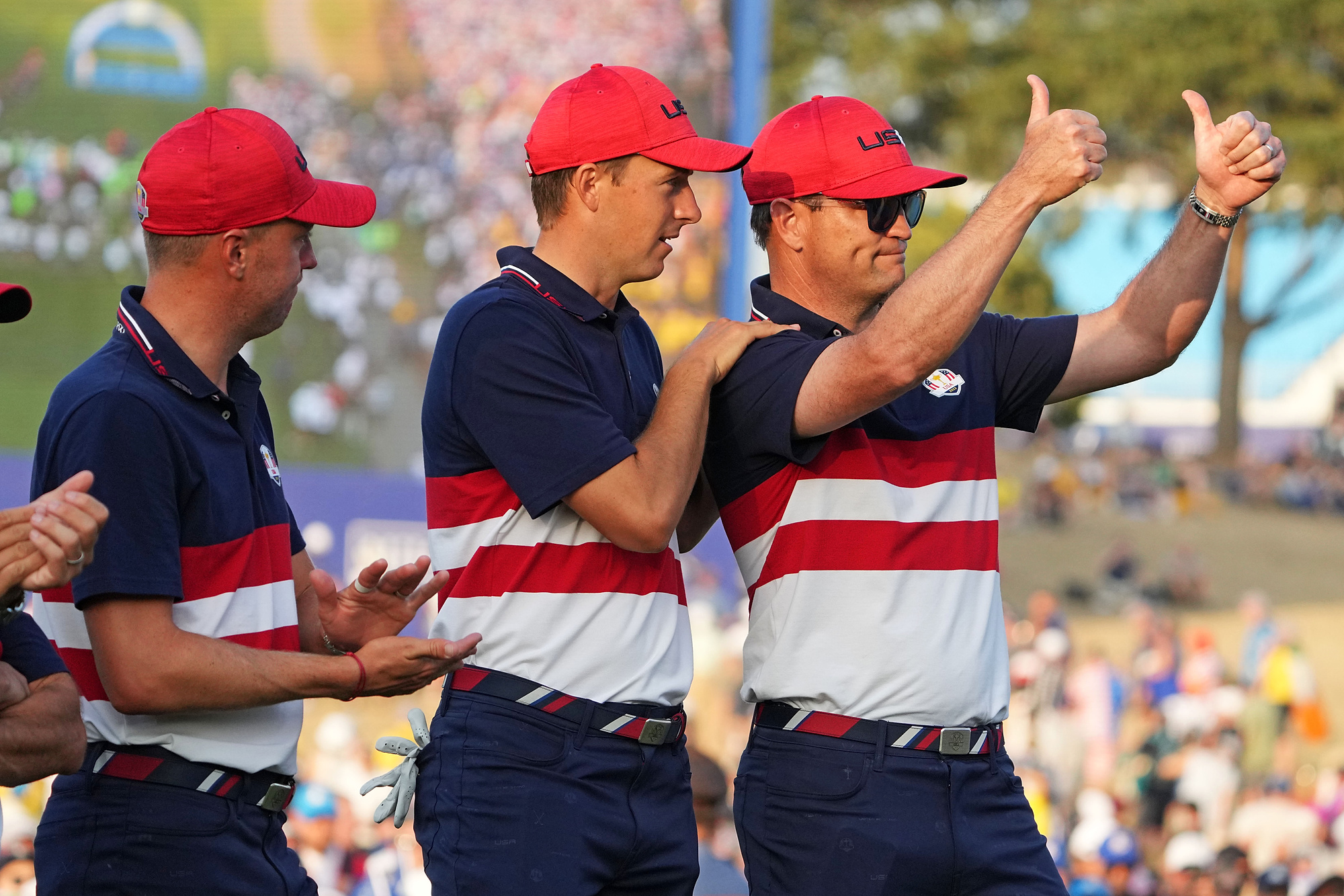 Oct 1, 2023; Rome, ITA; Team USA golfers Jordan Spieth and Justin Thomas reacts with captain Zach Johnson after Team Europe beat Team USA during the final day of the 44th Ryder Cup golf competition at Marco Simone Golf and Country Club. Mandatory Credit: Kyle Terada-USA TODAY Sports/Sipa USA
2023.10.01 Rzym
Golf
Ryder Cup 2023
Foto Kyle Terada-USA TODAY Sports/SIPA USA/PressFocus

!!! POLAND ONLY !!!