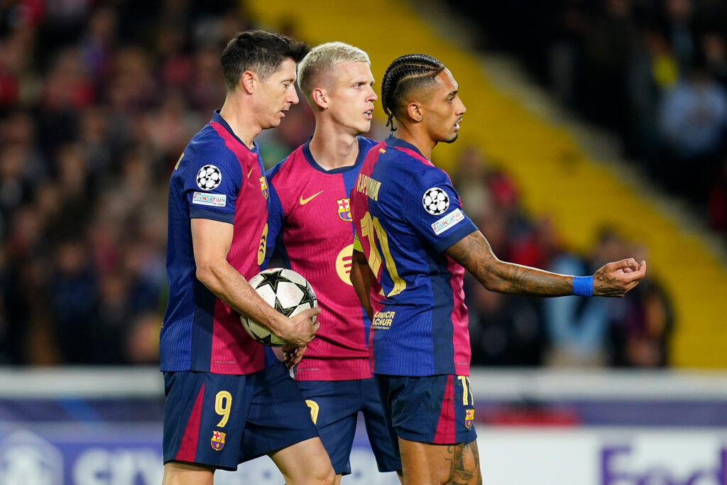 Robert Lewandowski with Raphael Dias Belloli Raphinha and Dani Olmo of FC Barcelona  during the UEFA Champions League match, date 5 between FC Barcelona and Stade Brestois played at Lluis Companys Stadium on November 26, 2024 in Barcelona, Spain. (Photo by Sergio Ruiz / Imago)  (Photo by pressinphoto/Sipa USA)
2024.11.26 Barcelona
pilka nozna liga mistrzow
FC Barcelona - Stade Brestois
Foto Sergio Ruiz/Imago/PRESSINPHOTO/SIPA USA/PressFocus

!!! POLAND ONLY !!!